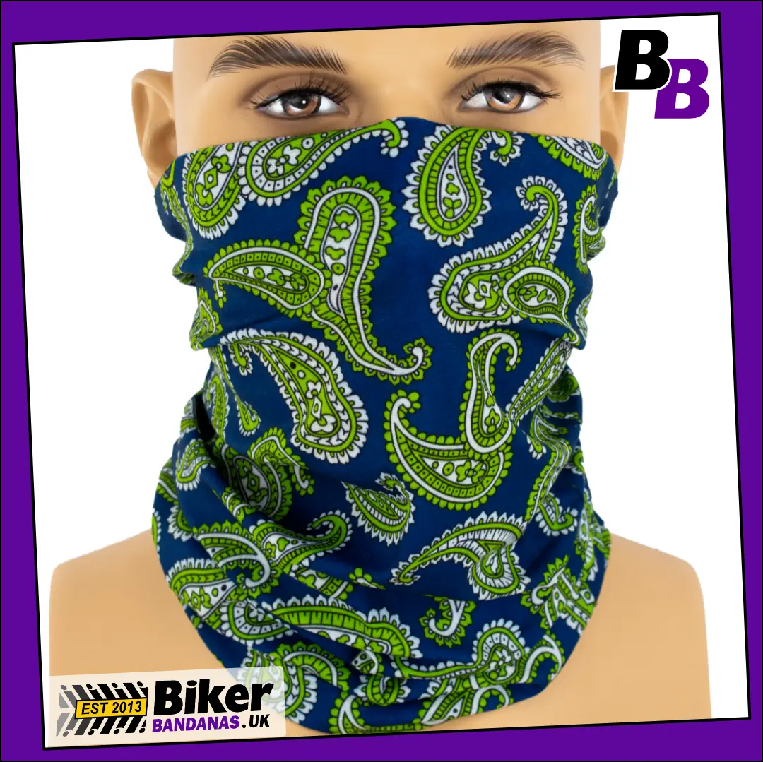 Blue and Green Paisley Jacquard Neck Tube Bandana / Face Mask / Neck Gaiter
