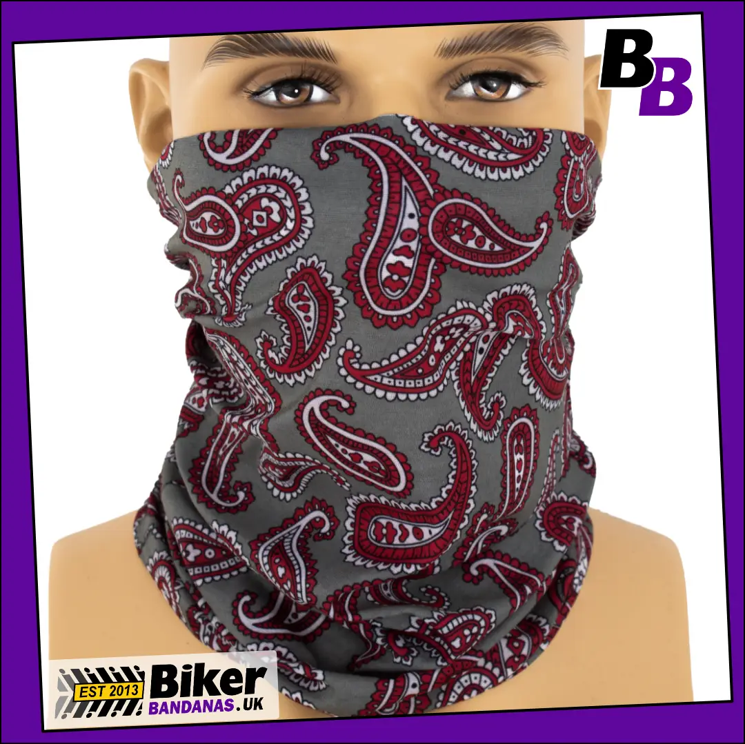 Grey and Red Paisley Jacquard Neck Tube / Multifunctional Headwear / Neck Warmer