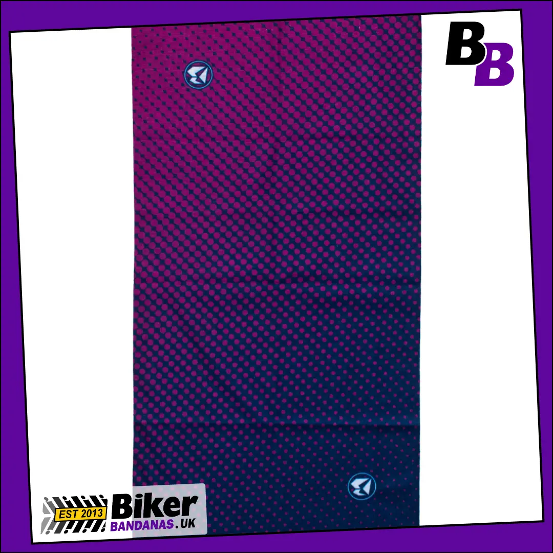 Fabric photo of Navy Blue with Pink Shrinking Polka Dot Neck Tube Bandana / Face Mask / Neck Gaiter