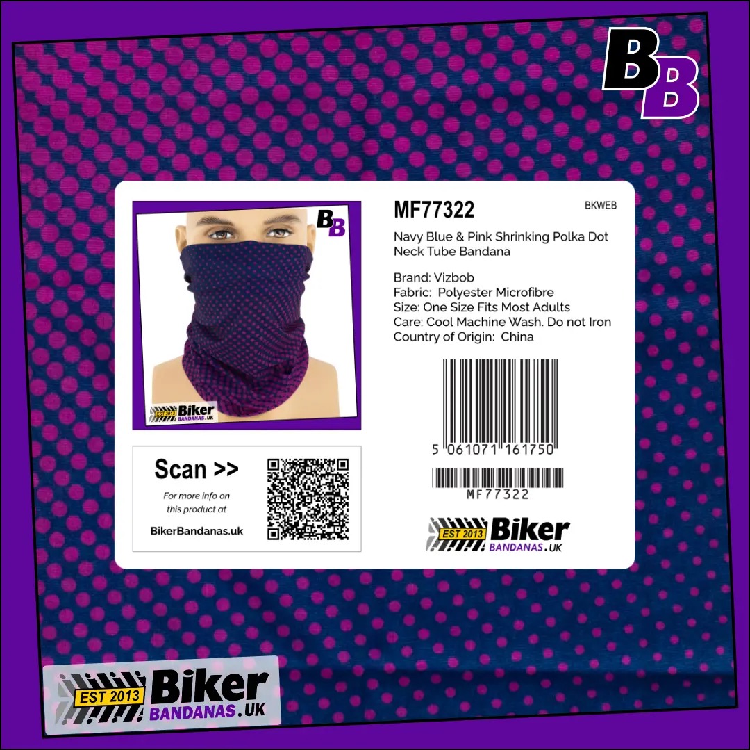 Retail packaging photo of Navy Blue with Pink Shrinking Polka Dot Neck Tube Bandana / Neck Gaiter / Face Mask / Multifunctional Headwear / Neck Warmer