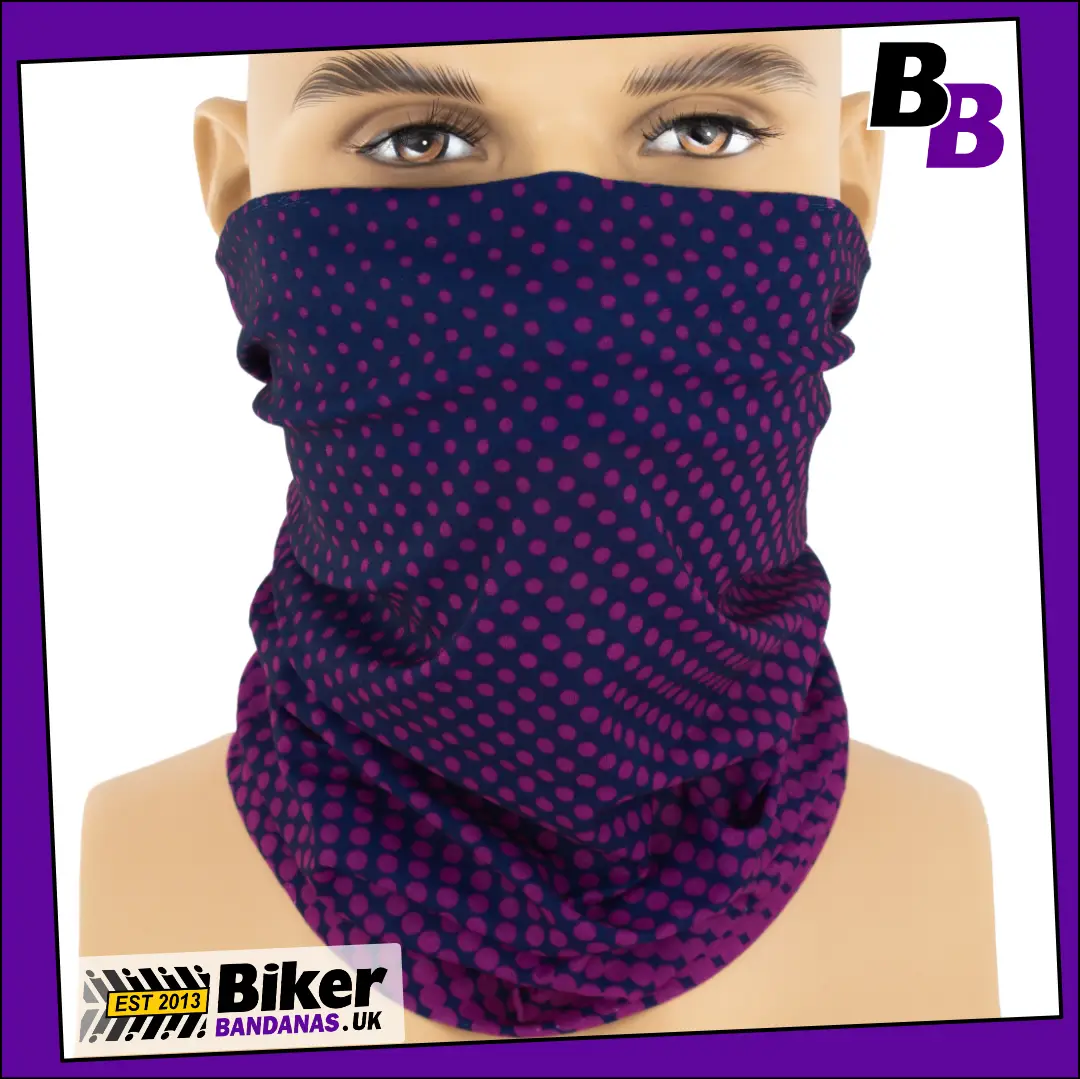 Navy Blue and Magenta Pink Shrinking Polka Dot Neck Tube Bandana / Face Mask / Neck Gaiter