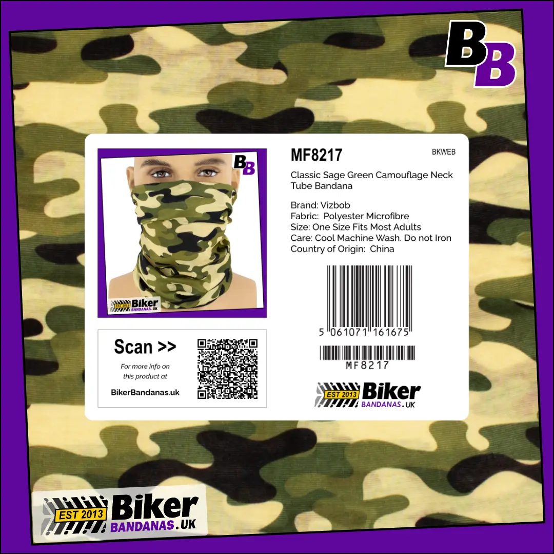 Retail Packaging photo of Classic Sage Green Camouflage Neck Tube Bandana / Neck Gaiter / Multifunctional Headwear / Neck Warmer