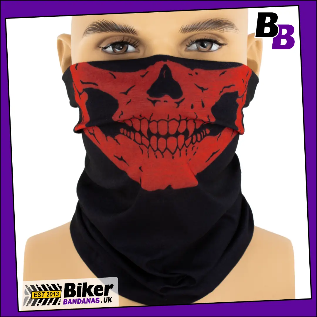 BUDGET Lifesize Red Skull Jaw Face on Black Neck Tube Bandana / Face Mask / Neck Gaiter