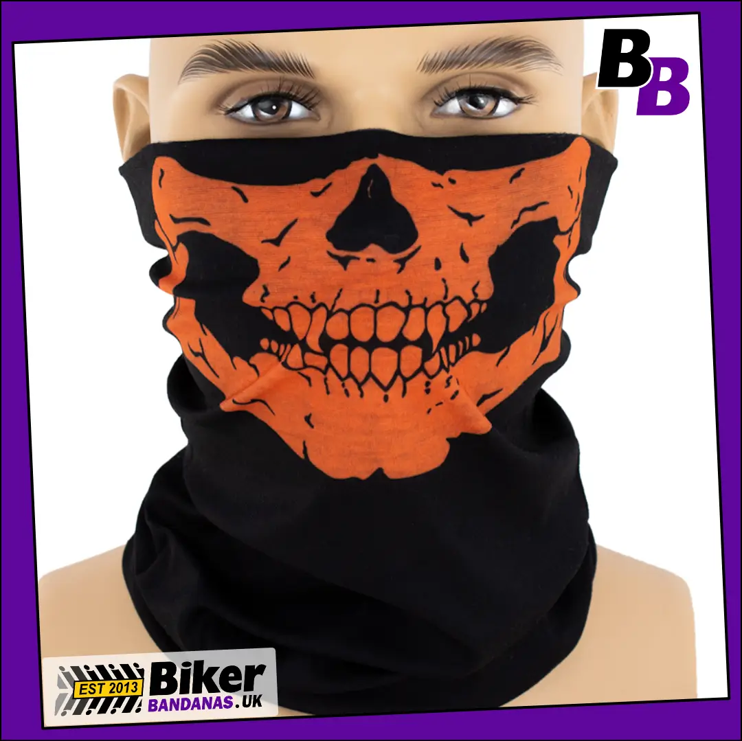 BUDGET Lifesize Orange Skull Jaw Face on Black Neck Tube Bandana / Face Mask / Neck Gaiter