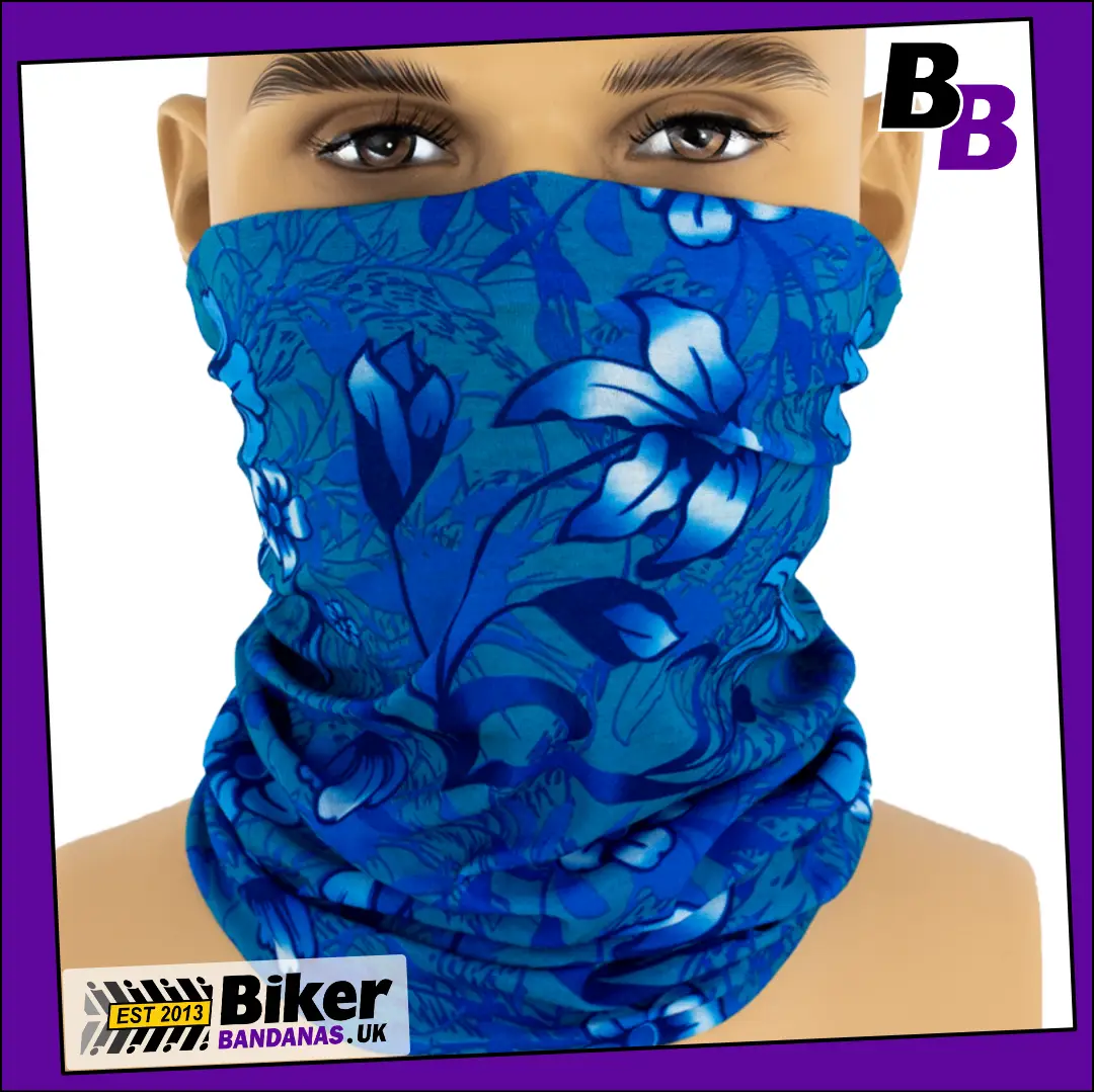 Blue Airbrushed Floral Flowers Neck Tube Bandana / Face Mask / Neck Gaiter