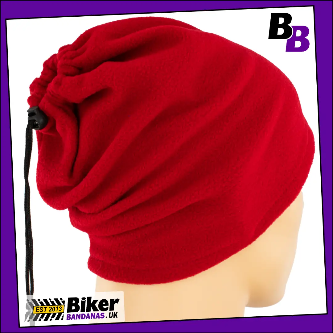 Plain Red Fleece 3-in-1 Neck Tube Bandana / Beanie Hat being worn as a Beanie Hat