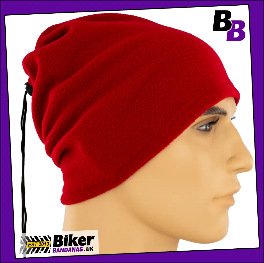 Side view of Plain Red Fleece 3-in-1 Neck Tube Bandana / Beanie Hat being worn as a Beanie Hat